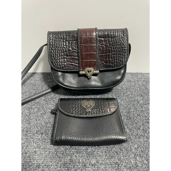 Vintage One World Brighton ChocBrown Croc-Embossed & Black Leather Crossbody Bag - Picture 1 of 12